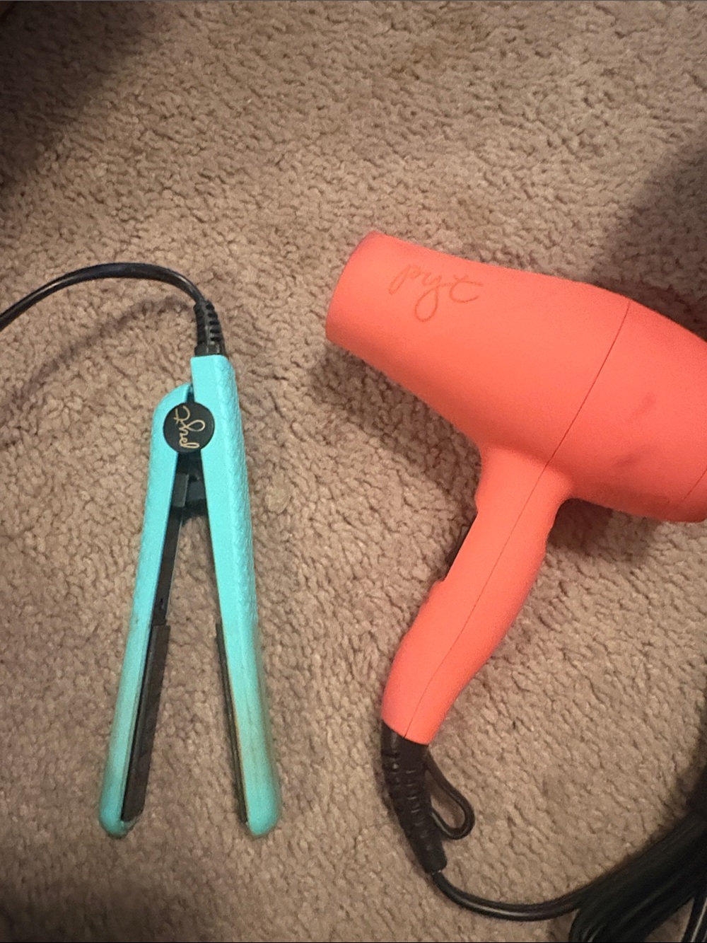 Coral Pink Hair Dryer with Teal Mini Straightener Set